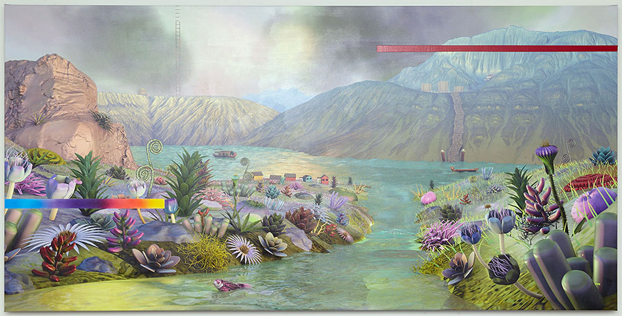 A Jeremy Couillard artwork depicting an alien landscape with pretty flowers on the bank of a river.