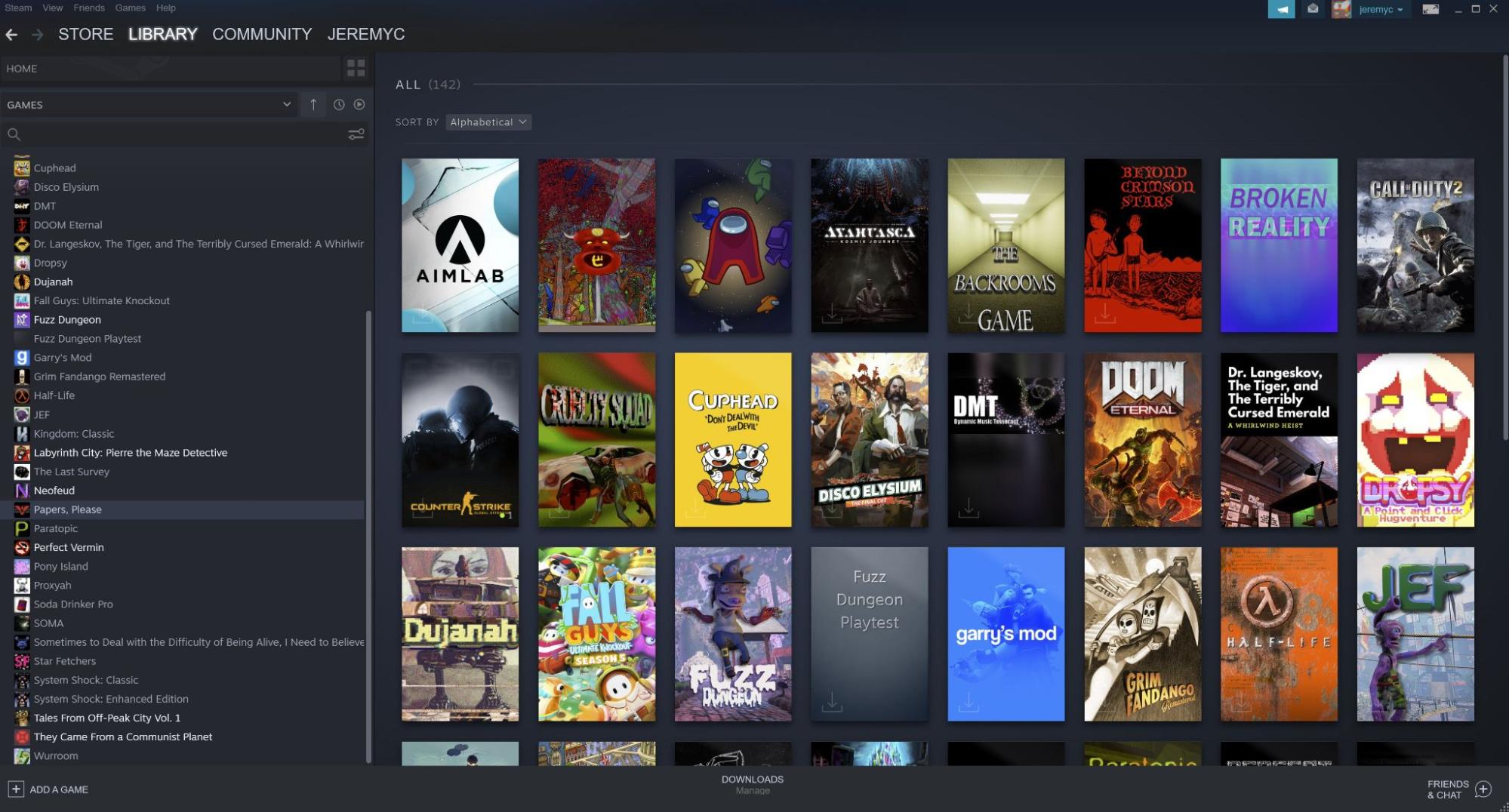 Image of Jeremy's moderate Steam collection. Includes Doom 2016 and Among Us.