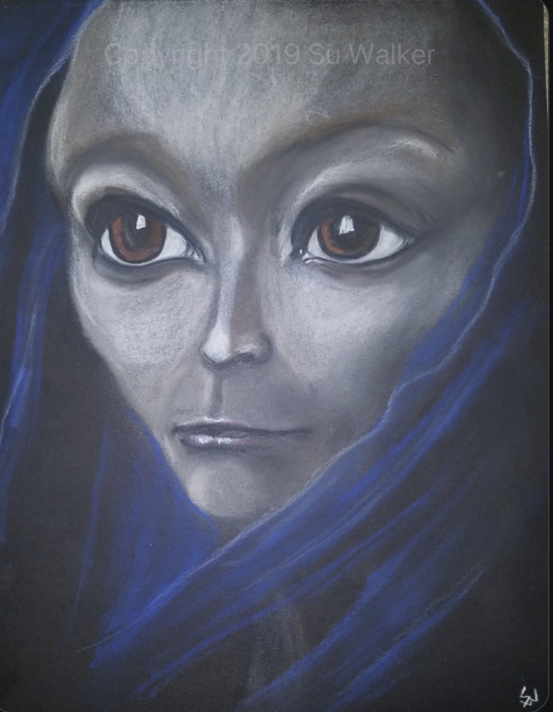 A second Su Walker illustration of a serene big eyed alien, this one looks suspiciously like the famous photo of the girl with green eyes