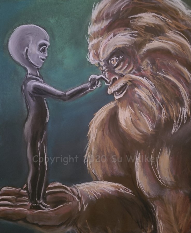 A third Su Walker illustration of a little purple alien standing in the hand of a yet, gently touching his nose. They gaze into each others eyes and smile.