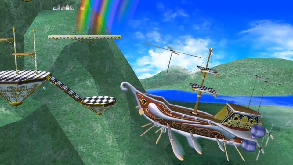 A screenshot from the Super Smash Bros. Melee level Rainbow Cruise, their is a flying pirate ship, a rainbow and a small town in the distance.